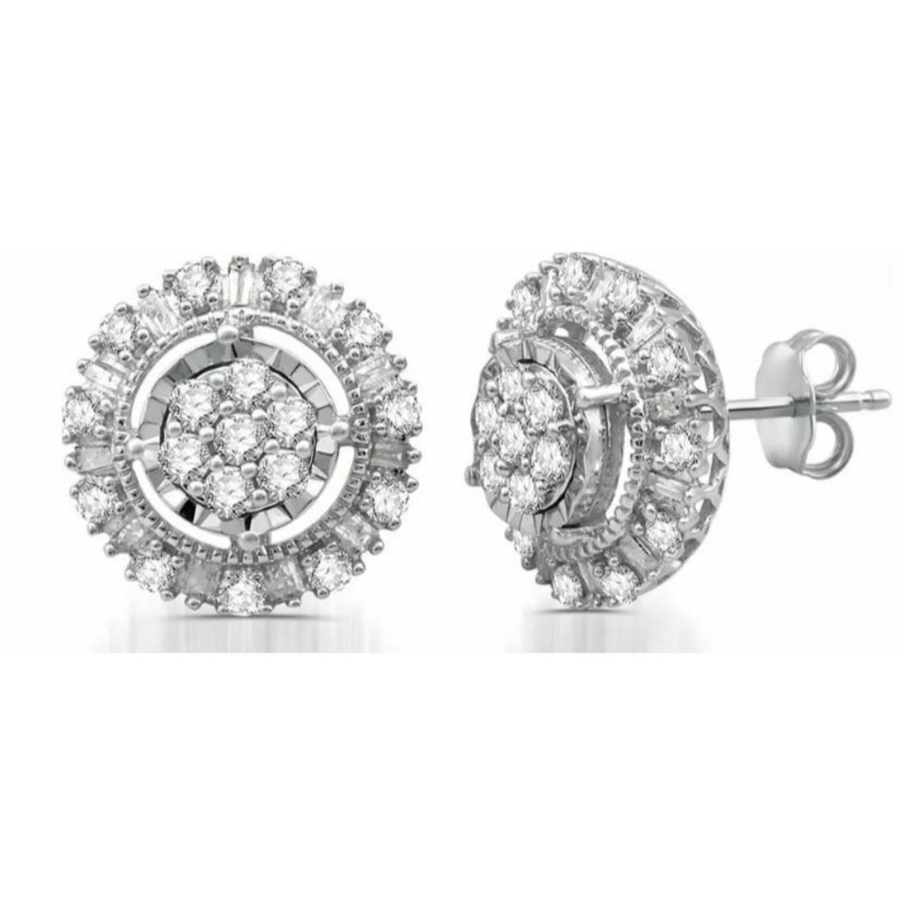 1.00 CTTW Geniune Diamond Round Frame Stud Earrings 925 Sterling Silver